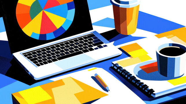 Colorful pie chart illustrating time allocation on laptop with coffee