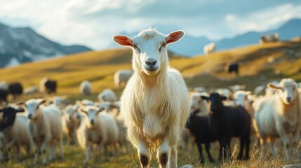 Obraz premium White Sheep Leading a Flock in a Mountain Pasture