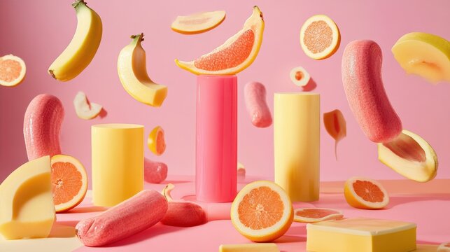 Colorful arrangement of floating fruits and geometric shapes against a pink background, showcasing vibrant design