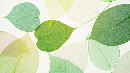 Delicate transparent green leaves arranged on white background create ethereal natural pattern, showing detailed leaf veins and varying shades of spring green color.