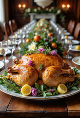 Traditional Holiday Turkey with Christmas Decorations for Seasonal Menu Design and Food Blogs