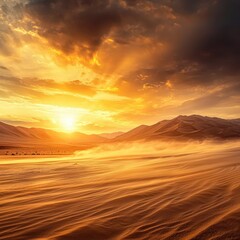 Golden Sunset Over Expansive Desert Landscape with Wind-blown Sand