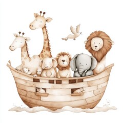 Cute  Noah's Ark Watercolor Illustration In Soft Pastel Tones

