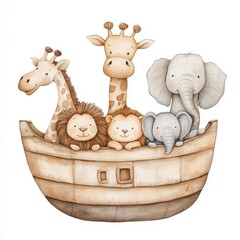 Cute  Noah's Ark Watercolor Illustration In Soft Pastel Tones

