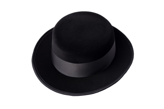 Black hat with a black ribbon around it, isolated