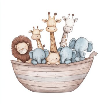 Cute  Noah's Ark Watercolor Illustration In Soft Pastel Tones

