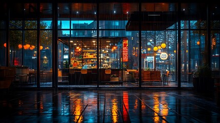 A rain-soaked urban street glowing with streetlights and neon signs, seen through the frosted glass of a cozy office, warm light illuminating the interior, intricate reflections on the wet ground,