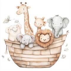 Cute  Noah's Ark Watercolor Illustration In Soft Pastel Tones

