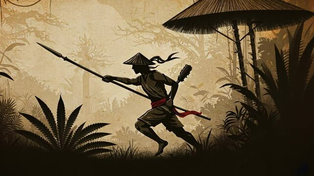 Animated depiction of a Southeast Asian warrior running through a jungle setting