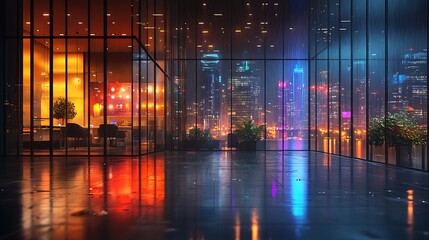 Naklejka premium A rainy urban nightscape with shimmering reflections on the street, viewed from the warm interior of a modern office, raindrops streaming down the glass, neon lights casting colorful glows,