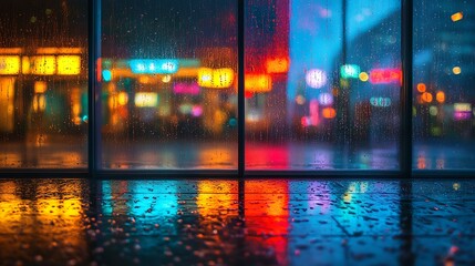 Naklejka premium A rainy urban nightscape with shimmering reflections on the street, viewed from the warm interior of a modern office, raindrops streaming down the glass, neon lights casting colorful glows,