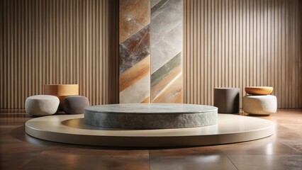 Minimalist product display featuring a circular stone platform, earthy toned cylindrical forms, and textured wall paneling.