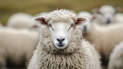 Fototapeta premium Close Up Portrait of a Fluffy White Sheep in a Field