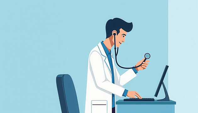 Doctor working at desk with stethoscope for medical blogs and websites