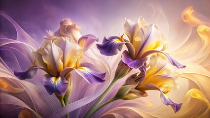 Fototapeta premium Elegant Irises in a Dreamlike Setting of Soft Hues and Flowing Petals