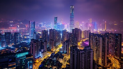 Obraz premium Cityscape at Night with Skyscrapers and Colorful Lights in Urban Landscape