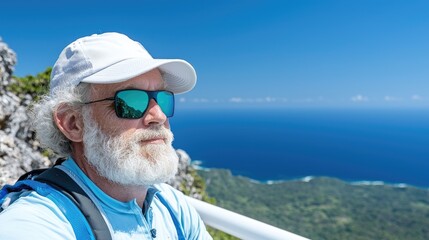 Senior hiker enjoying ocean view from mountaintop