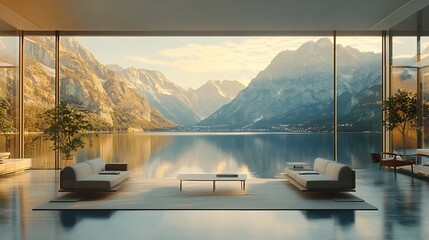 A serene mountain lake reflecting towering peaks, seen through angular glass windows of a modern office, warm golden hour light streaming through, minimalist décor with sleek furniture,