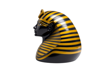 Statue of an Egyptian pharaoh with a gold and black headdress, isolated