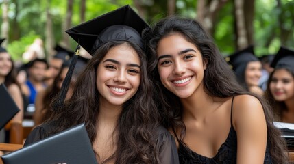 Celebrating Graduation Achievements with Joyful Smiles and Togetherness of Two Young Women in Their Academic Gowns