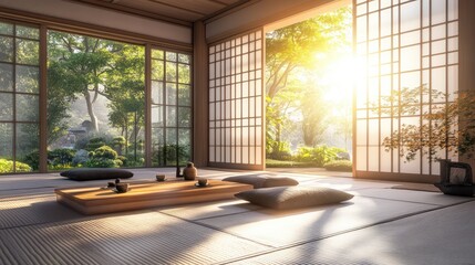 Traditional japanese tea room interior with tatami mats and sun light.3d rendering