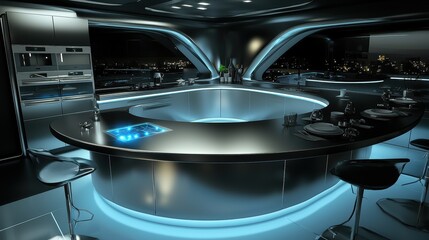 Modern futuristic kitchen design with sleek lighting and appliances