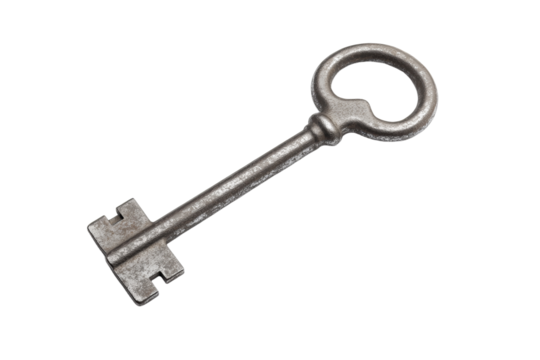 Silver key with a black handle sits on a white background, isolated
