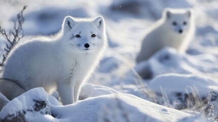 Two White Arctic Foxes in Snowy Landscape