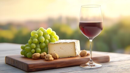 Sunset wine tasting with cheese and grapes.  Outdoor setting, idyllic view. Food and drink imagery