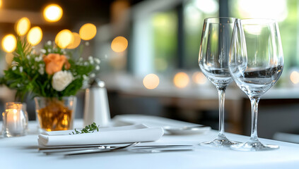 Fototapeta premium Elegant restaurant table setting with wine glasses, floral centerpiece, and blurred background; ideal for showcasing fine dining or romantic occasions