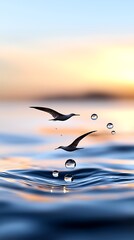 Obraz premium Two birds skimming ocean sunset; water droplets; peaceful nature scene; ideal for calming backgrounds