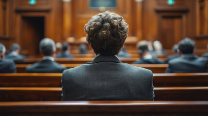 Courtroom Session With Audience in Formal Attire and Wood Paneling