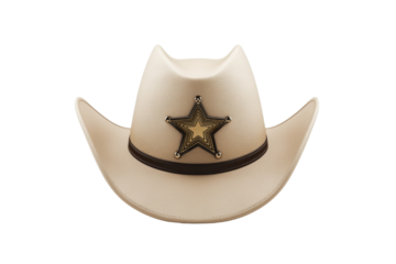 Cowboy hat with a star and a badge on it, isolated