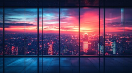 A stunning futuristic skyline glowing with neon lights, seen through floor-to-ceiling windows of a high-tech office, reflections of digital screens and neon on the glass, moody interior lighting,