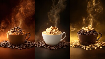 Steaming cups of coffee with various toppings surrounded by coffee beans on a dark background