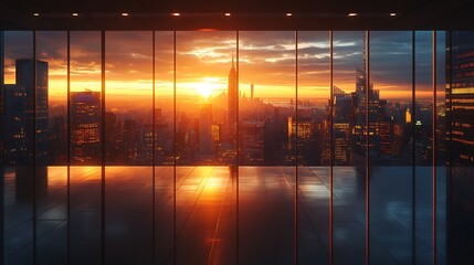 A stunning panoramic view of a bustling city skyline at dusk, framed by the floor-to-ceiling glass windows of a modern high-rise office, golden sunlight reflecting off skyscrapers,