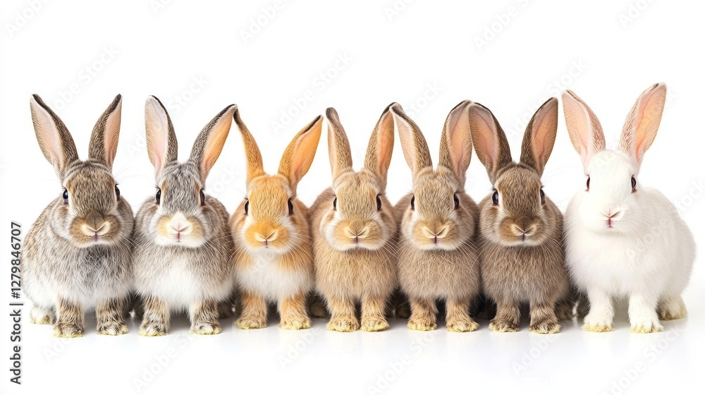 Canvas Prints Group of rabbits sitting in a row showcasing different colors and breeds in a bright setting during daylight