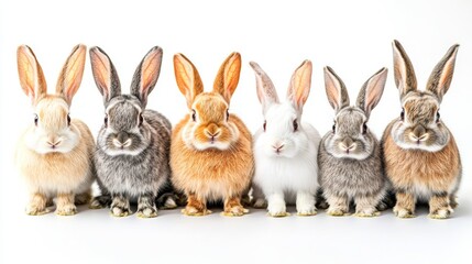 Obraz premium Colorful group of rabbits standing in a row against a white background captured in a playful and lively atmosphere