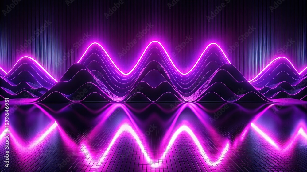 Wall mural abstract purple neon wavescape with reflective surface and linear background