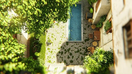 Aerial view courtyard pool, garden oasis, relaxing, summer