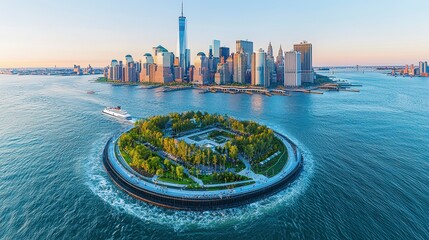 Aerial view NYC sunset, island park, city skyline