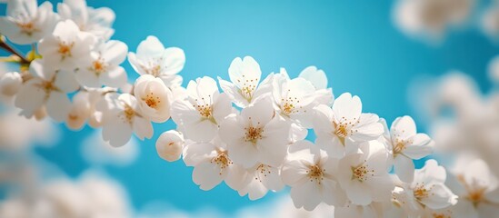 Fototapeta premium Spring blossoms branch, sunny sky, floral design