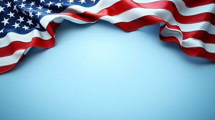 American flag draped, light blue background, patriotic design, ideal for holidays