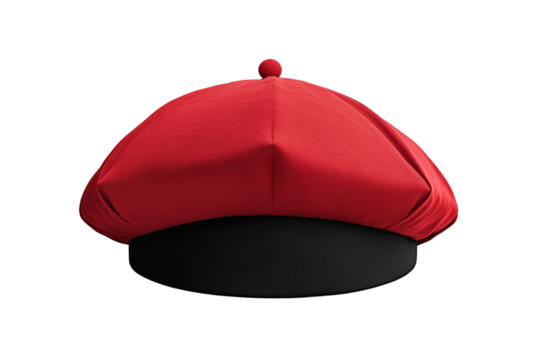 Red hat with a black band sits on a white background, isolated