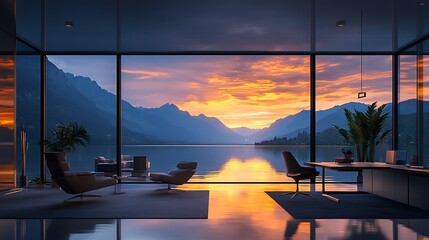 Fototapeta premium A tranquil mountain lake under a vibrant sunset, visible through sharp, angular windows of a modern workspace, glowing reflections on the water, minimalist furniture in neutral tones,