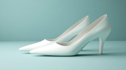 Pair of white high heels on a mint-green background.