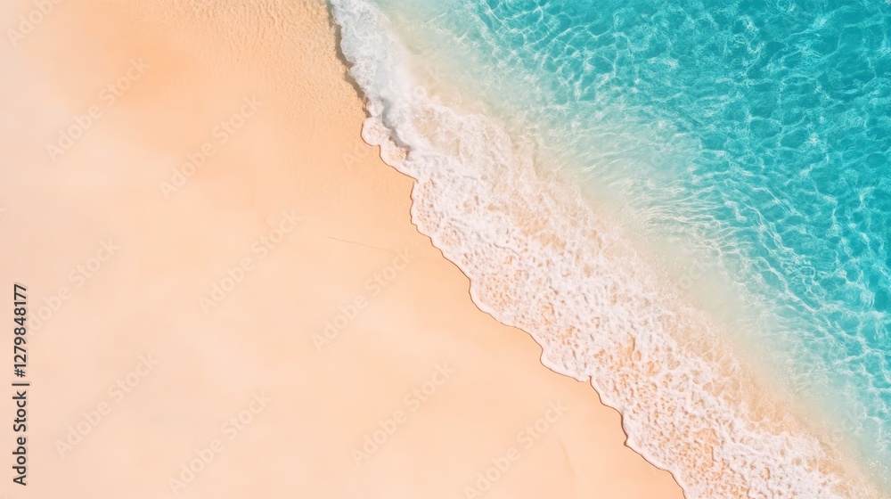 Poster Soft ocean waves gently lap the shore of a pristine sandy beach, creating a serene and idyllic scene in a tropical paradise, inviting relaxation and tranquility
