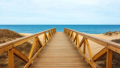 Obraz premium A serene wooden boardwalk leading to a tranquil beach and blue ocean under a calm sky, perfect for relaxation and nature exploration.
