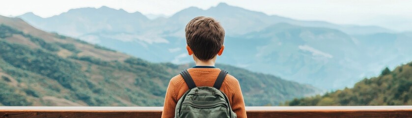Fototapeta premium Child Staring at Majestic Mountain View with Backpack in Nature Landscape Scenery