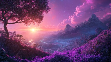 Panoramic vista of a magical mountain valley at sunrise with vibrant purple flowers and trees.